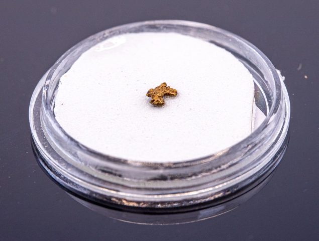 22з- Зразок № 14121 (з експозиції “Самородні елементи”). Зерно самородного золота з алювіальних відкладів (вага 0,4 г). р. Лючка, Івано-Франківська обл., Україна. 2024, дар Олега Корецького.